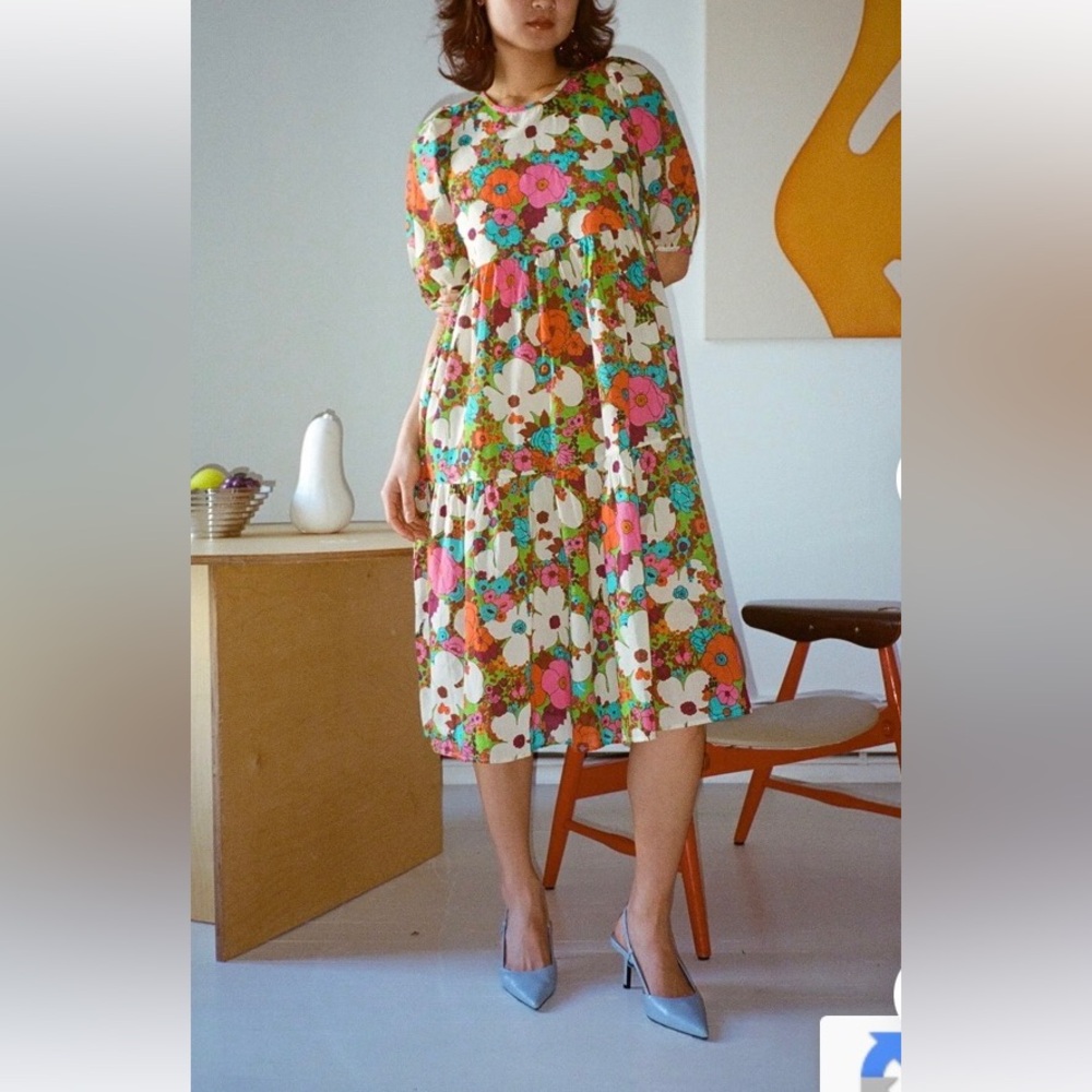 Floral Tiered Midi Dress in Cream and Pink